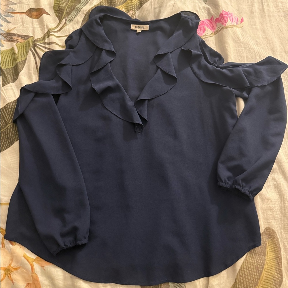 BB Dakota Navy Ruffle Blouse